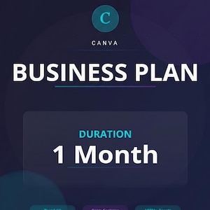 Pode incluir: Gr&aacute;fico digital com fundo gradiente azul escuro e roxo. O logotipo da Canva est&aacute; no topo, com as palavras "BUSINESS PLAN" em letras brancas grandes. Abaixo, diz "DURATION 1 Month". O texto adicional inclui "Brand Kit", "Team Features" e "100M+ Assets".