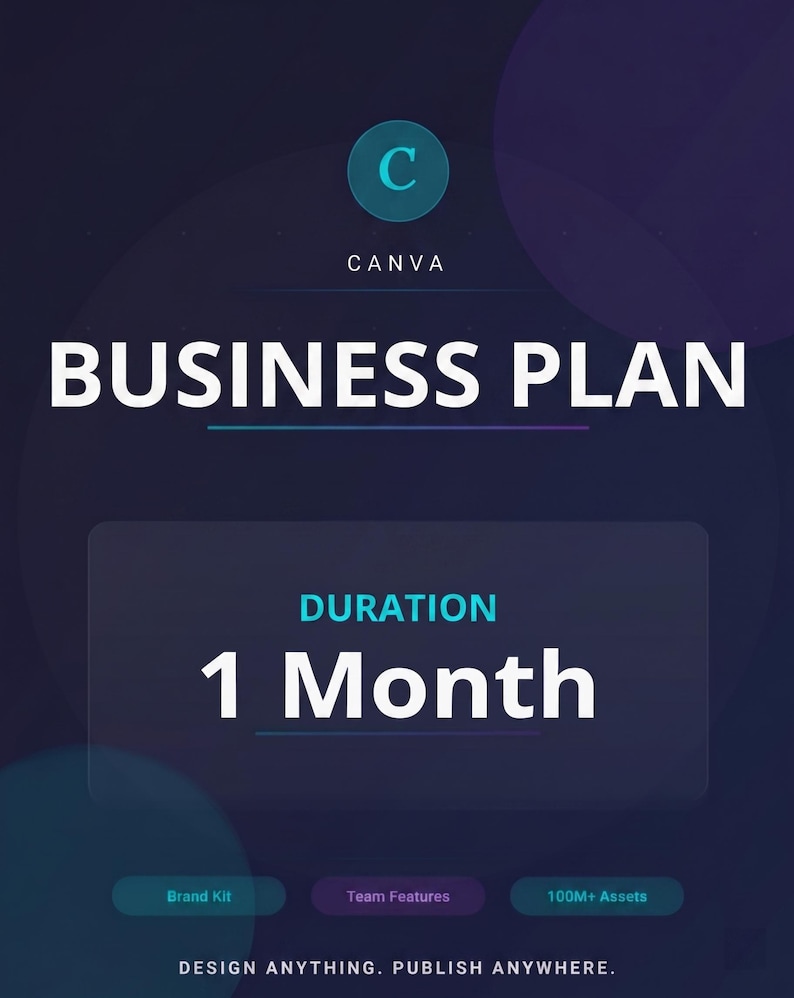 Pode incluir: Gr&aacute;fico digital com fundo gradiente azul escuro e roxo. O logotipo da Canva est&aacute; no topo, com as palavras "BUSINESS PLAN" em letras brancas grandes. Abaixo, diz "DURATION 1 Month". O texto adicional inclui "Brand Kit", "Team Features" e "100M+ Assets".