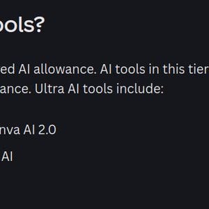 Pode incluir: Fundo escuro com texto branco. O t&iacute;tulo &eacute; "What are Ultra AI tools?" seguido por uma descri&ccedil;&atilde;o das ferramentas Ultra AI. A descri&ccedil;&atilde;o inclui marcadores para design conversacional, cria&ccedil;&atilde;o de videoclipes e cria&ccedil;&atilde;o de imagens com Canva AI.