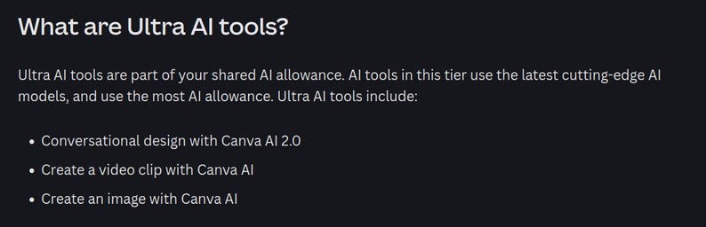 Pode incluir: Fundo escuro com texto branco. O t&iacute;tulo &eacute; "What are Ultra AI tools?" seguido por uma descri&ccedil;&atilde;o das ferramentas Ultra AI. A descri&ccedil;&atilde;o inclui marcadores para design conversacional, cria&ccedil;&atilde;o de videoclipes e cria&ccedil;&atilde;o de imagens com Canva AI.
