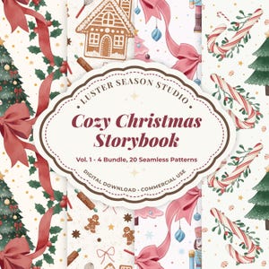 Puede incluir: Un paquete de descarga digital titulado Luster Season Studio Cozy Christmas Storybook Vol. 1-4, que presenta 20 patrones sin costuras con ilustraciones en acuarela de casas de jengibre, bastones de caramelo, árboles de Navidad, lazos y cascanueces.