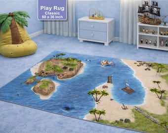 May include: A rectangular play rug with a pirate island theme, measuring 60 x 36 inches. The rug features a detailed illustration of an island with palm trees, a beach, and a blue ocean. The rug has a label that says "Play Rug Classic".