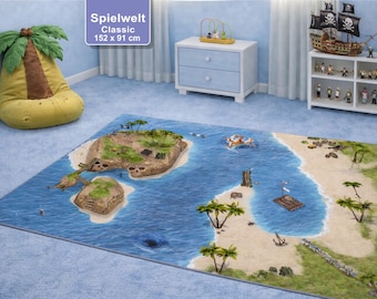 Tapis de jeu Île des Pirates Classique 152 x 91 cm, Tapis de jeu pirate, Tapis de jeu pirate pour enfants, idéal pour figurines et bateaux, Cadeau pour enfants