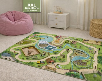May include: A large, rectangular play mat with a zoo theme, measuring 183 x 122 cm. The mat features a green landscape with roads, water features, and zoo animal illustrations. A pink beanbag chair and a small white nightstand are in the background.