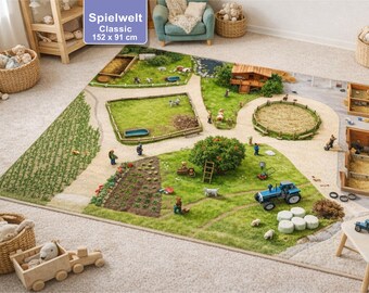 Farm Play Rug 152x91cm, Farm Animals Play Mat, Short Pile, Compatible with Toy Figures, Nursery Play Mat, Gift
