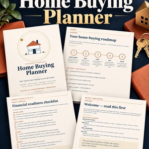 May include: A Home Buying Planner document set featuring a cover page with a house illustration, a roadmap page with five numbered steps, a financial readiness checklist, and a welcome page. The text includes Home Buying Planner.