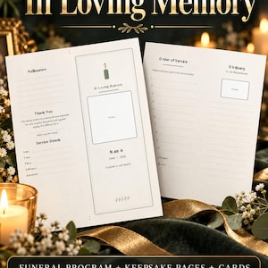 May include: A funeral program template featuring a white paper layout with black text, including sections for pallbearers, service details, an order of service, and an obituary. The design includes a candle icon, photo placeholders, and the text In Loving Memory.