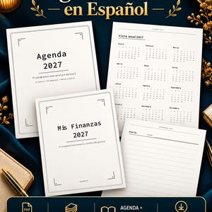 以下が含まれることがあります： スペイン語の2027年プランナーセット。アジェンダと財務トラッカーが含まれています。白いページに黒い文字で、年間カレンダービューと日次ログシートが記載されています。3つのPDFファイルで構成され、合計191ページです。