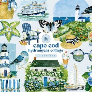Puede incluir: Un conjunto de imágenes prediseñadas digitales titulado Cape Cod Hydrangeas Cottage que incluye 86 archivos PNG de ilustraciones en acuarela, como faros, una casa de campo con hortensias azules, un velero, una gaviota, una mariposa y conchas.