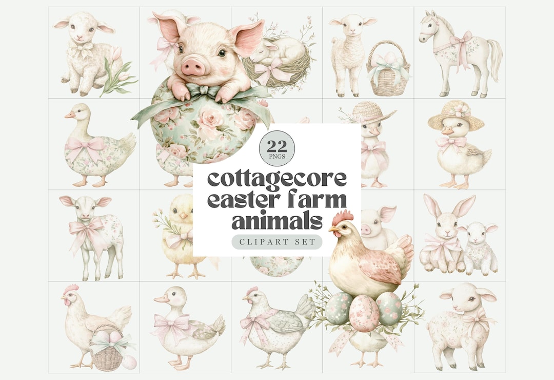Watercolor Easter Farm Animal PNG Bundle, Cottagecore Easter Chicks ...