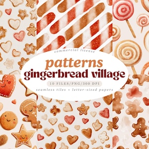 May include: A collection of watercolour patterns with gingerbread biscuits, lollipops, and candy cane stripes. The image shows various gingerbread biscuit shapes, including hearts, stars, and gingerbread people. The text "gingerbread village" is visible.