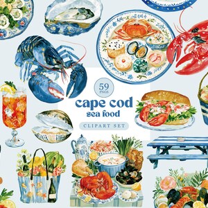 May include: A digital clipart set featuring watercolour illustrations of Cape Cod seafood, including lobsters, oysters, clams, picnic baskets, a lobster roll, a blue picnic table, and various drinks, with the text 59 PNGS cape cod sea food CLIPART SET.