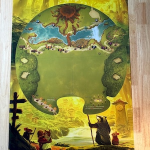 May include: A colorful board game featuring a whimsical forest map with a central tree and winding paths. The game board has illustrations of animals, buildings, and a river. The overall color scheme is green, yellow, and brown.