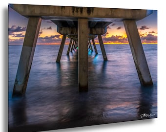 Tryck av pir i Deerfield Beach, foto av soluppgången i Florida, väggkonst med havsreflektion, kustfotografi, symmetrisk heminredning under piren