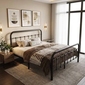 King Size Metal Platform Bed Frame Victorian Wrought Iron Headboard Footboard No Boxspring
