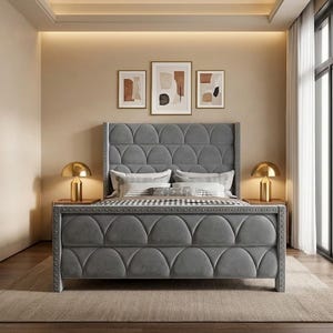 Velvet Wingback Bed Frame Upholstered Platform Bed With Tall Headboard Noise Free Support