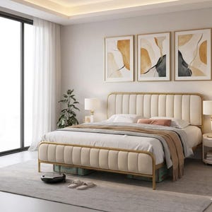 Upholstered Bed Frame Button Tufted Headboard Platform Bed With Wooden Slats Modern Design