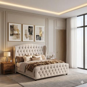 King Upholstered Bed Frame Wingback Tufted Headboard Platform Bed With Footboard Modern Design