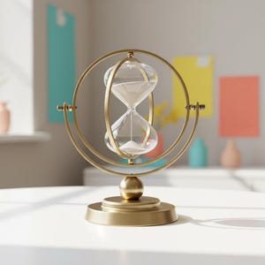 May include: A gold-colored hourglass with a clear glass bulb containing white sand. The hourglass is held within a circular frame and sits on a round base. The background is blurred, with colorful objects and a white surface.