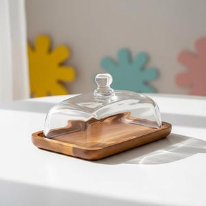 May include: A clear glass butter dish with a domed lid and a small knob on top. The dish sits on a rectangular wooden base. The wooden base is a warm brown color.