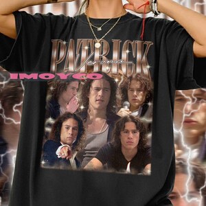 May include: Black t-shirt featuring a collage of images and the text "PATRICK Verona". The design includes multiple portraits of a person with long hair. The shirt has a vintage, distressed look.