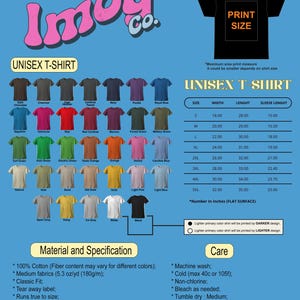 May include: A product image showcasing a variety of unisex t-shirts in various colors, including black, white, and navy. The image includes a size chart with measurements in inches and details about the material and care instructions.