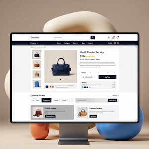 May include: A computer monitor displays an e-commerce website showcasing a navy blue handbag. The website features product details, customer reviews, and an "Add to Cart" button. The brand name "Cotunion" is visible at the top.