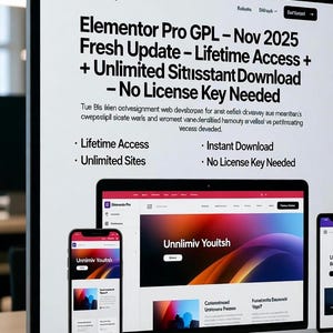 May include: A computer monitor displays the Elementor Pro interface, showcasing a website design. The screen shows the text "Elementor Pro GPL - Nov 2025 Fresh Update" and other details. A smartphone and tablet are also visible.