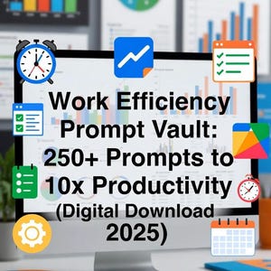 May include: A computer monitor displays the text "Work Efficiency Prompt Vault: 250+ Prompts to 10x Productivity (Digital Download 2025)". The image includes charts, graphs, and icons related to productivity and time management.