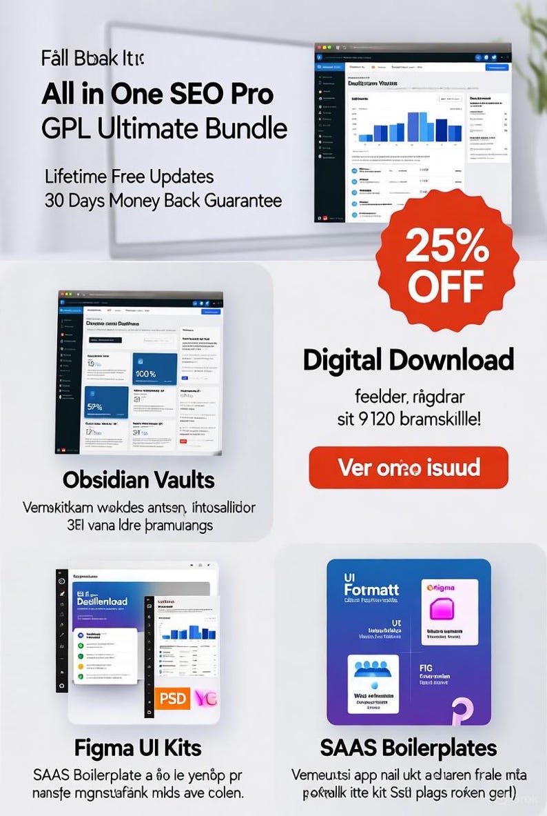 以下が含まれることがあります： 「All in One SEO Pro GPL Ultimate Bundle」と「25% OFF」のテキストが入ったデジタルダウンロードのグラフィック。ソフトウェアインターフェースのスクリーンショットと「Figma UI Kits」と「SAAS Boilerplates」のテキストが含まれています。