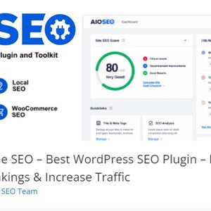 以下が含まれることがあります： AIOSEO WordPressプラグインの画像。ロゴは、上に「AIOSEO」というテキストが付いた青い歯車アイコンが特徴です。画像には、SEOメトリックと「Best WordPress SEO Plugin and Toolkit」というテキストを含むダッシュボードも表示されています。