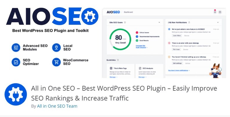 以下が含まれることがあります： AIOSEO WordPressプラグインの画像。ロゴは、上に「AIOSEO」というテキストが付いた青い歯車アイコンが特徴です。画像には、SEOメトリックと「Best WordPress SEO Plugin and Toolkit」というテキストを含むダッシュボードも表示されています。