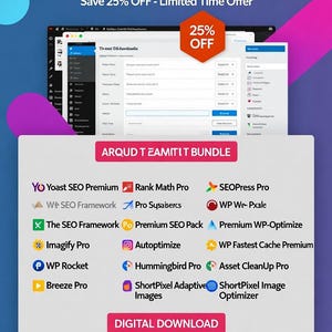 Puede incluir: Gráfico promocional para un paquete SEO de WordPress, con una pantalla de ordenador, una insignia de descuento del 25% y una lista de plugins SEO. El texto incluye "All in One SEO Pro GPL Ultimate Bundle" y "Digital Download."