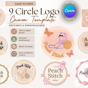May include: A graphic featuring nine circular logos with the text "Peach Stitch" and other text. The logos have a peach and cream color scheme, with illustrations of butterflies, a cat with yarn, and crochet elements. Text includes "Easy to Edit" and "Canva Template."