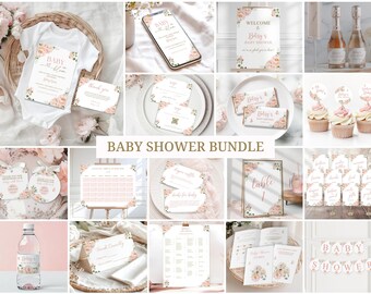 Könnte beinhalten: Eine Sammlung von Babyparty-Dekorationen und Schreibwaren in einem sanften rosa und weißen Blumendesign. Enthält Einladungen, einen Strampler, einen Handy-Bildschirm, Cupcakes und ein Banner. Der Text "Baby Shower Bundle" wird angezeigt.
