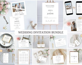 May include: A collection of wedding stationery items, including invitations, RSVP cards, and table settings. The designs feature elegant typography with the names "Anya" and "Joseph", and the phrase "We do". The overall color scheme is white and neutral.