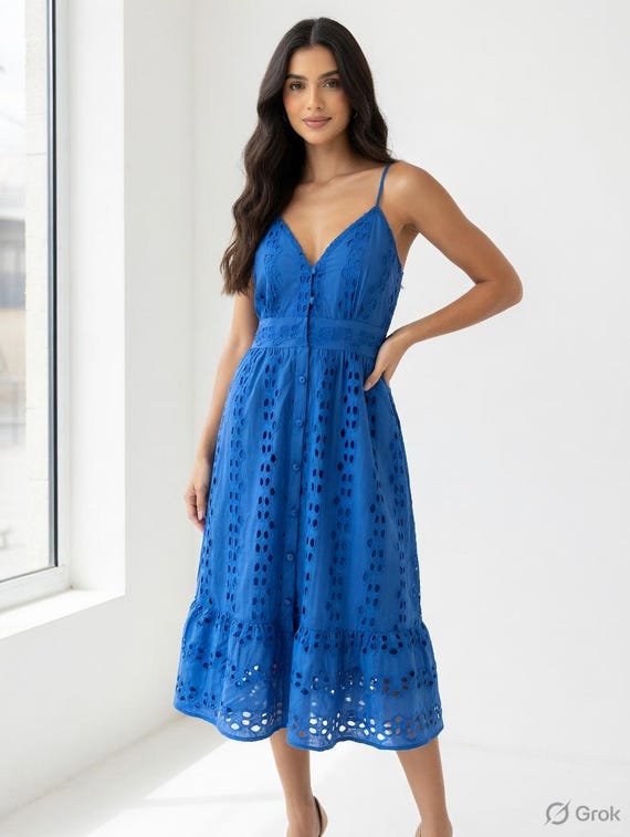 summer chic midi dress Blue Floral Midi Summer Dress with Short Puff Sleeves Blue Floral / Small