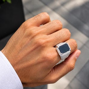 Sterling Silver Black Onyx Signet Ring, Rectangular Natural Stone Statement Ring