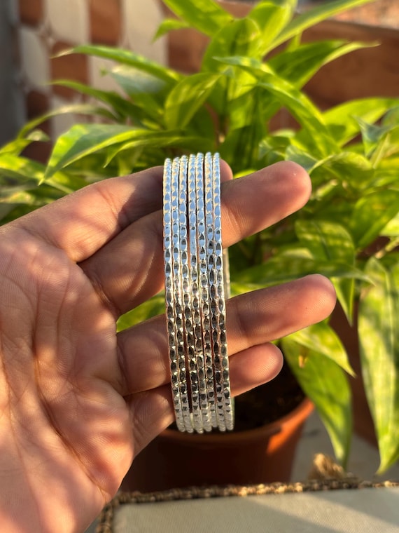 Handmade Hammered Sterling Silver Bangle Set of 7 | Stackable