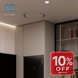 Può includere: Interno cucina moderna con mobile a incasso e frigorifero nero. È visibile anche una vetrina. Il soffitto presenta un'illuminazione a incasso circolare. Il testo "GD Craft by K. David" e una promozione rossa con il 10% di sconto sono inclusi.