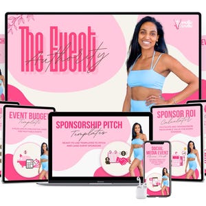 Può includere: Una raccolta di risorse digitali per la pianificazione di eventi, tra cui modelli e guide, visualizzate su vari dispositivi. Il design presenta una combinazione di colori rosa e bianco con il testo "The Event Authority". Una donna in abito blu è presente su ogni elemento.