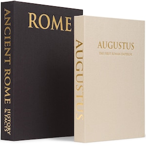 May include: Two hardcover books with gold lettering. One is black and reads "ROME ANCIENT ROME HISTORY & FACTS". The other is off-white and reads "AUGUSTUS THE FIRST ROMAN EMPEROR". The books are for history enthusiasts.