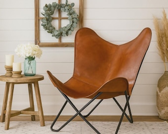 Handgefertigter Schmetterlingsstuhl aus Leder, Mid Century Modern Lounge Sitzmöbel, Tan Sling Chair