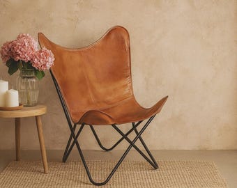 Leren vlinderstoel | Handgemaakte fauteuil uit het midden van de eeuw | ShopKraftStore