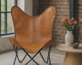 Leren vlinderstoel – Handgemaakte boho-fauteuil, echt lederen slingstoel, accentstoel uit het midden van de eeuw voor woonkamer of slaapkamer