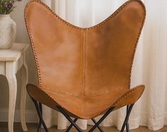 Handgemaakte leren vlinderstoel | Moderne boho-loungestoelen