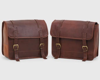Alforjas vintage de cuero marrón para motocicleta, de plena flor (par), ajuste universal