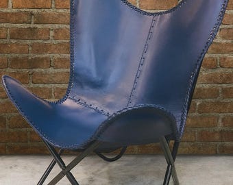 Handcrafted Navy Leather Butterfly Chair | Modern Accent Lounge Seating | ShopKraftStore