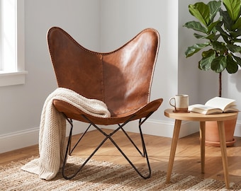 Handmade Cognac Tan Leather Butterfly Chair with Frame: Mid Century BKF Sling Accent Lounge Chair, Luxury Boho Living Room Seating