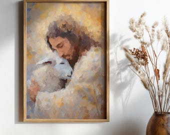 Jesus com o Cordeiro - Download Digital, Arte de Parede Imprimível do Bom Pastor, Decoração Cristã para Casa, Presente Cristão, Impressão Inspirada na Bíblia